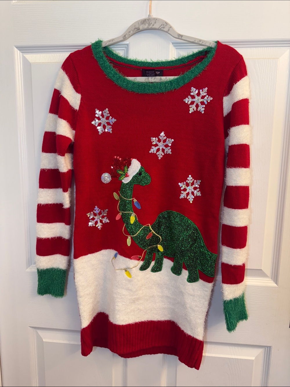 Hooked Up by IOT Red & Green Sequin Dinosaur Holiday Sweater